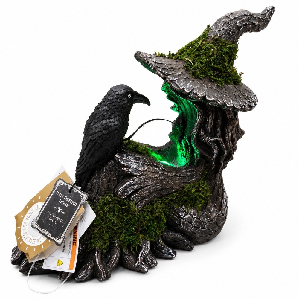 WELL DRESSED HOME Light Up Mossy Tree Witch W/ Crow Raven Viral Halloween Decor